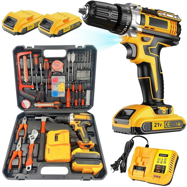21V Inalambricos Taladro Eléctrico Con Kit De Herramientas 118 Piezas, Adecuada para La Decoración, La Reconstrucción Del Hogar, La Jardinería y La Reparación de Automóviles, Taladro, Impacto