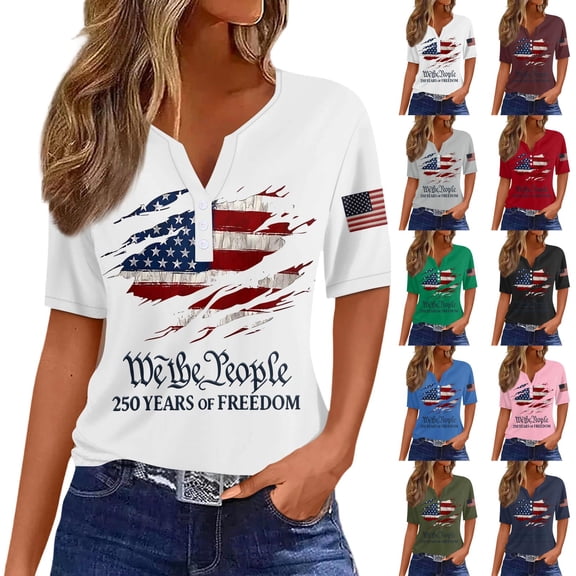250th Anniversary Shirts for Women 2026 - Patriotic "We the People" V-Neck Button Short Sleeve Tee - Vintage Distressed USA Flag Graphic Top Army Green L