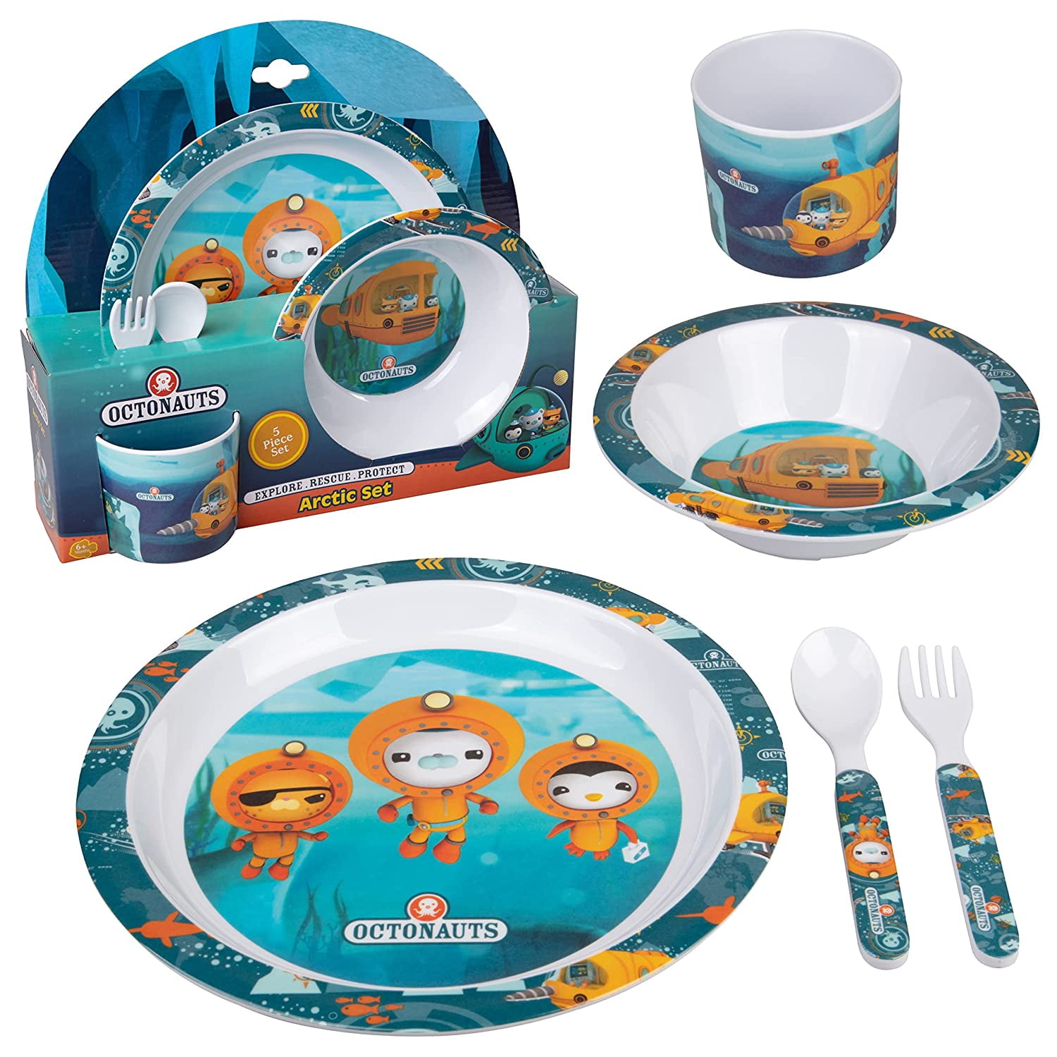 Octonauts 5 Pc Mealtime Feeding Set for Kids and Toddlers - Includes Plate, Bowl, Cup, Fork and Spoon Utensil Flatware - Durable, Dishwasher Safe