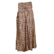 Mogul Women's Maxi Skirts Maroon Silk Sari Smocked Waist Divided Long Skirts