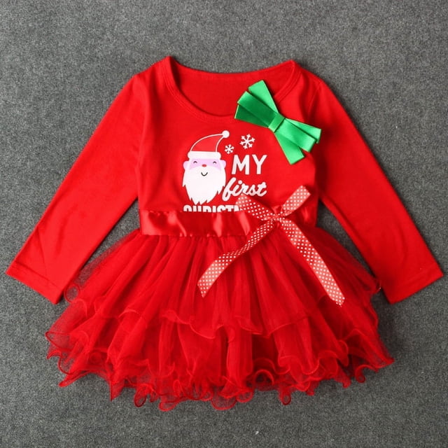 Vestido de princesa de encaje de Papá Noel para niños, vestido de manga larga con lazo para niños