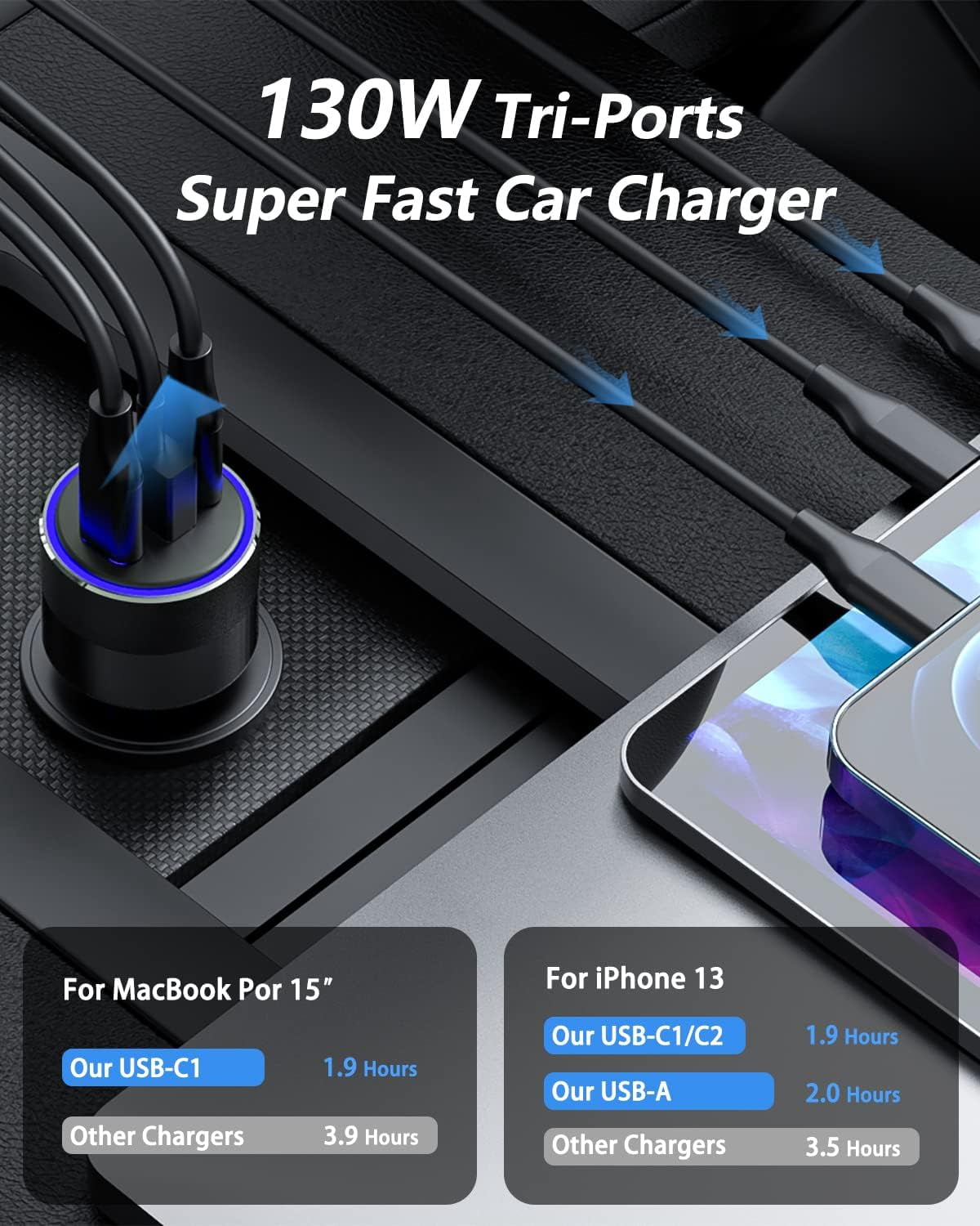 130W USB C Car Fast Charger with 100W Cable,PD 100W PPS 45W QC5 30W Cigarette Lighter Type C Charger for iPad Pro MacBook Pro Air Laptop iPhone 15 14 13 Pro Max Plus Samsung S23 Ultra S22 S21