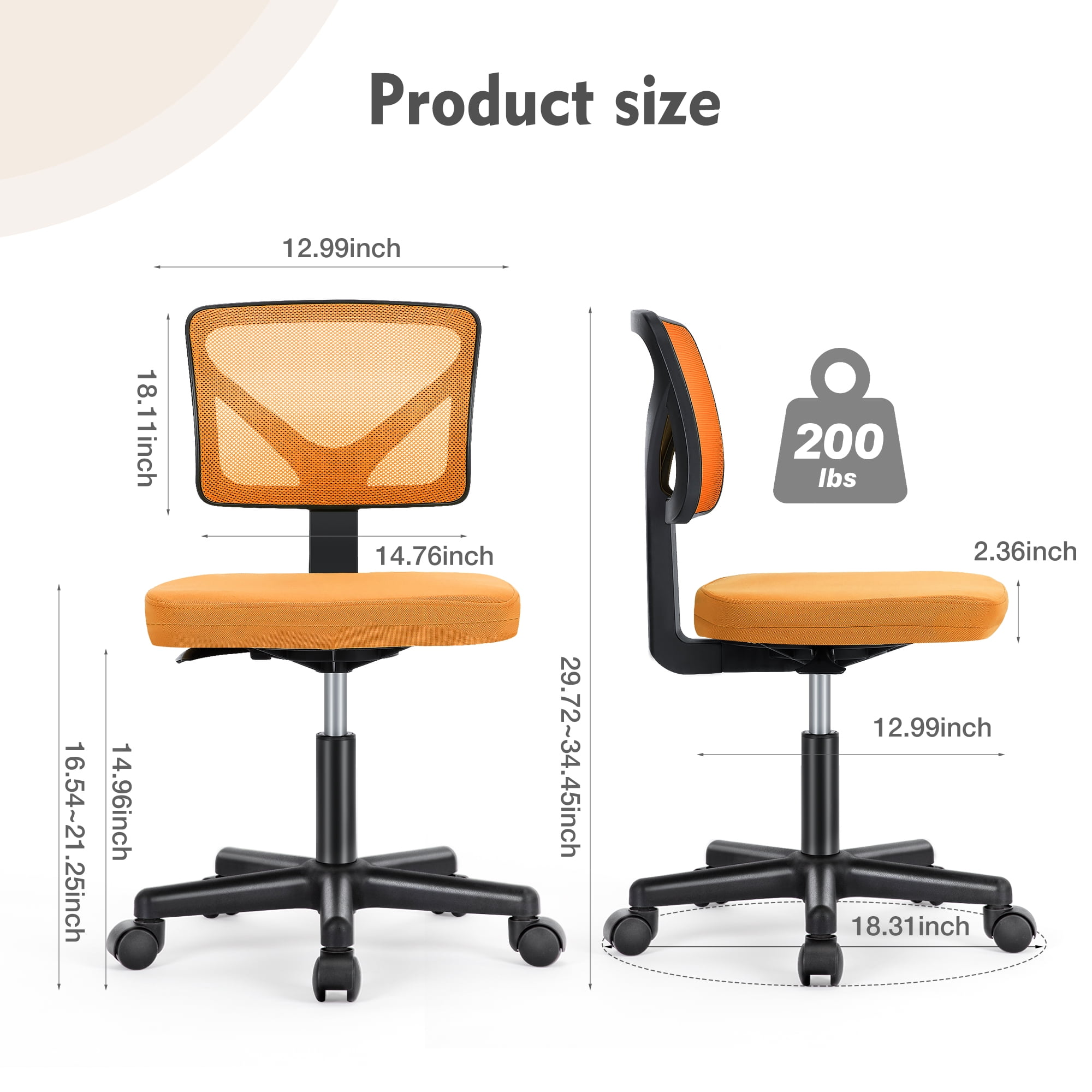 CONCETTA Mesh Office Desk Chair with Ergonomic Low-Back, Armless Design, Rolling Swivel Chair with Wheels, Orange
