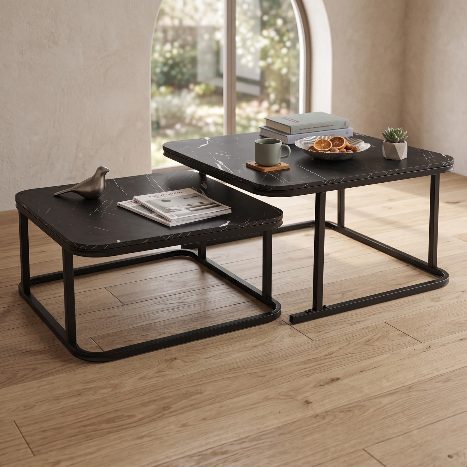 Furnibear Nesting Coffee Table Set of 2, Faux Marble Top Cocktail Tables with Powder-Coated Metal Frame, Stackable Space-Saving Round-Corner Side End Tables for, Black