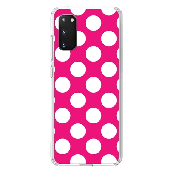 DistinctInk Clear Shockproof Hybrid Case for Galaxy S20 / S20 5G (6.2" Screen) - TPU Bumper, Acrylic Back, Tempered Glass Screen Protector - White & Hot Pink Polka Dots