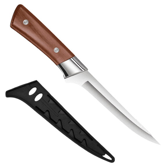 Boning Knife with Sheath, 5.5 in / 14 cm Fillet Knife for Meat, Stainless Steel Butcher Knife for Beef, Lamb, Poultry, Ergonomic Faux Wood Handle, Sharp Tip, 10.6 in / 26.9 cm