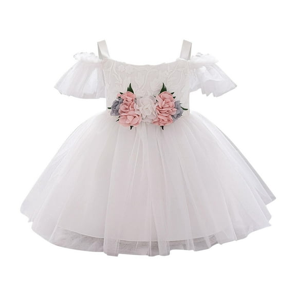 AUNVITO Baby Girls Flutter Sleeve Off-Shoulder Dress 3D Floral Tulle Christening Party Princess Gown Summer New