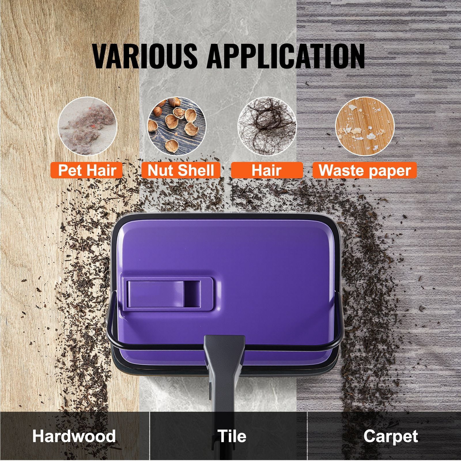 Carpet Sweeper, Manual Floor Sweeper with 300 ml Dustbin Capacity Easy to Empty, 6.7 inch Cleaning Width for Home Office Carpets Pet Hair Dust, Purple
