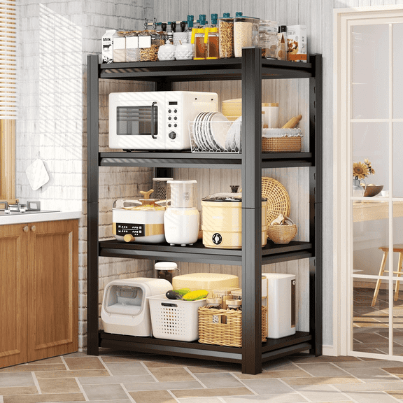 4 TierKitchen Storage Shelves 1600LBS 44''H*25''W*14''D Microwave Stand Metal Shelf Adjustable Garage Shelving unit Storage Racks for Warehouse, Basement, Living Room, Pantry Black