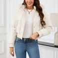 thumbnail image 4 of felwors Womens Trendy Winter Coat Lamb Fur Leather Cropped Lambswool Biker Jacket Lapel Zipper Bomber Aviator Coat White, S, 4 of 8