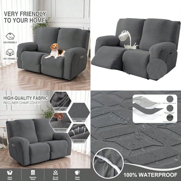 Gennia Waterproof Recliner Loveseat CoverStretch Reclining Sofa Covers with Pockets Washable Lazy Boy Recliner Slipcovers Leakproof Couch Protector for Pets Dog and Cat 2 Seat Dark Gray