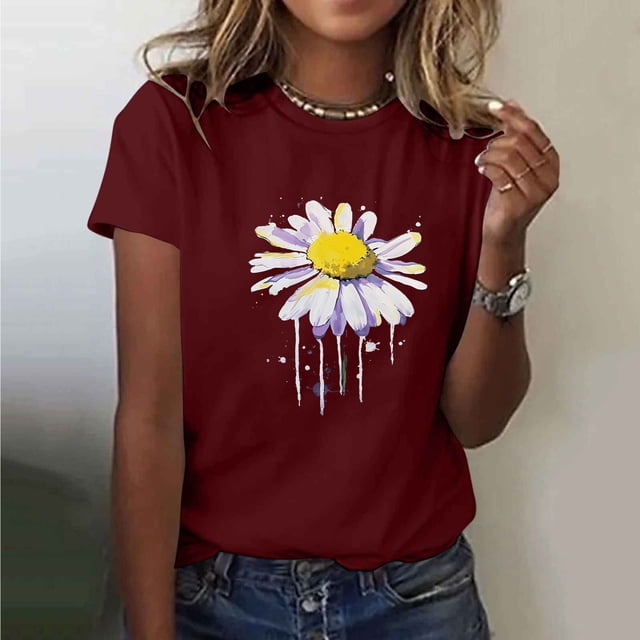 Jienlioq Hauts d'Été pour Femmes T-shirt Imprimé pour Amoureuse Col Rond Manches Courtes Vin m