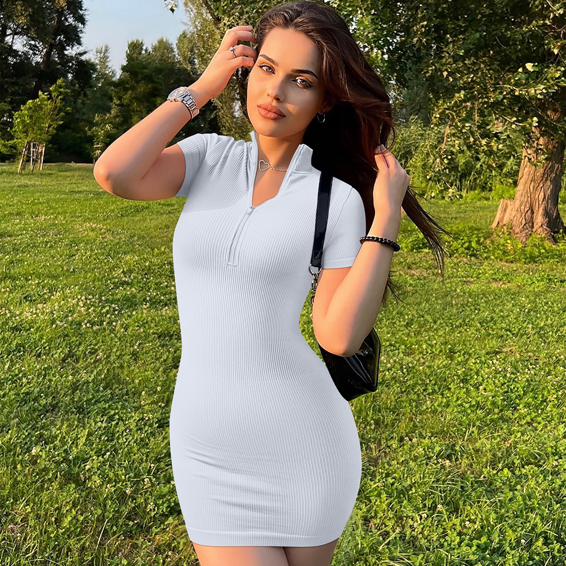 OQQ Women's 2 Piece Dresses Sexy Ribbed Zip Front Short Sleeve Stretch Tops Mini Dress