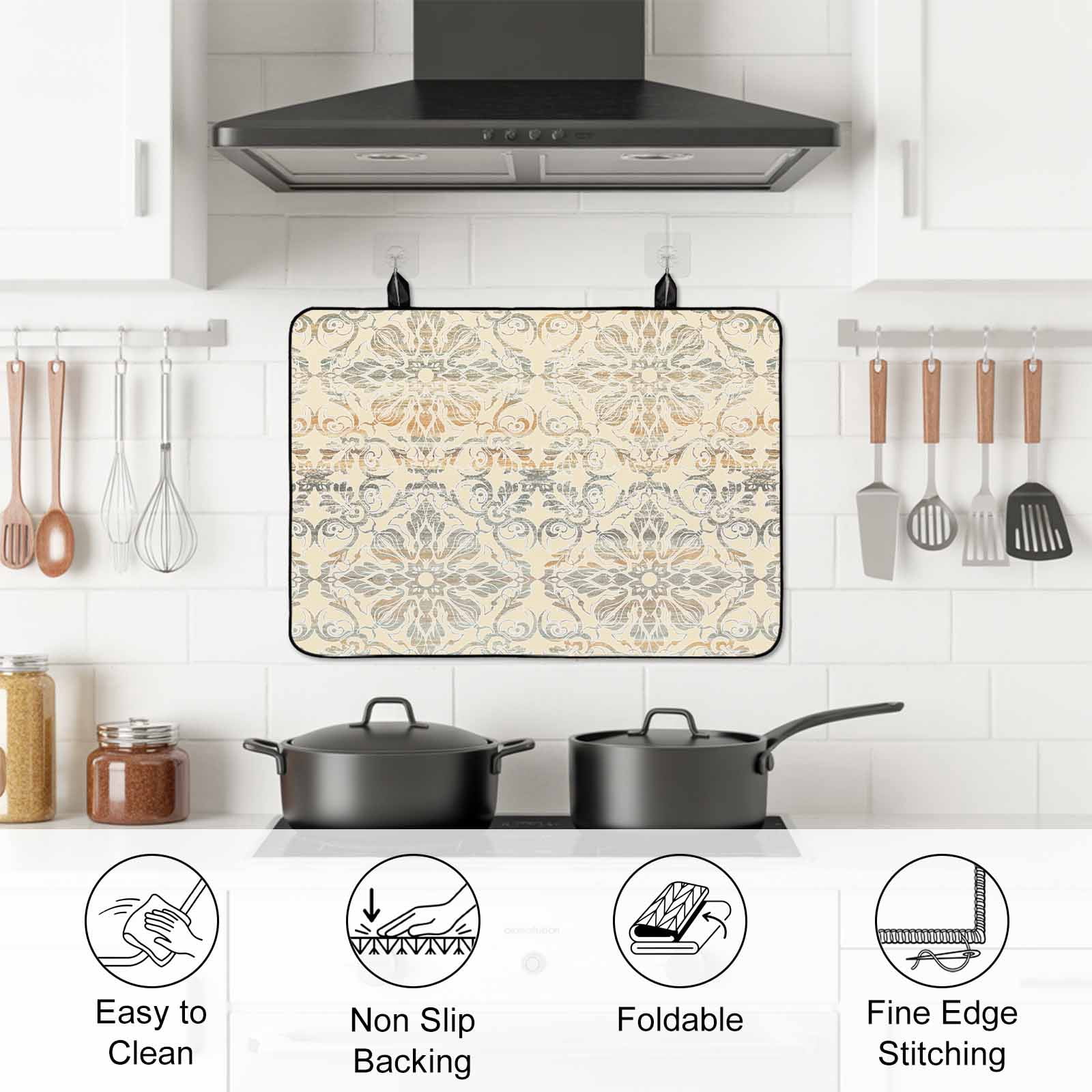 Bohemian Floral, Stove Top Cover for Electric Stove, Heat-proof & Non Slip Glass Top Stove Cover Protector, Vintage Gradient European Line Kitchen Flat Cooktop Rubber Mat 24x21 Inches