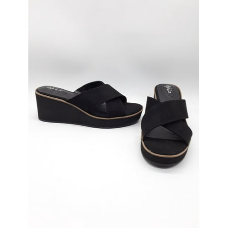 

STYLE & COMPANY Womens Black Crisscross Straps Stretch Gore 1 Platform Padded Valtcho Round Toe Wedge Slip On Sandals 10 M