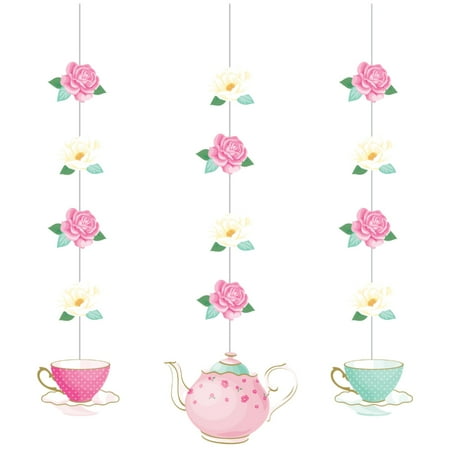 Party Central Club Pack of 36 Pink and Teal Blue Floral Tea Party Hanging Cutouts 32"