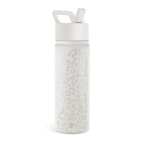 Simple Modern Kids Water Bottle with Straw Lid Vacuum Insulated Stainless Steel Metal Thermos Bottles | Reusable Leak Proof BPA-Free Flask for School | Summit Collection | 18oz, Cream Leopard Simple Modern Ver descripción
