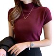thumbnail image 1 of Chandail à Col Montant Demi-Haut Uni pour Femmes, Mode, Ajusté, Manches Courtes, T-Shirt Tricoté, Rouge, 1 of 6