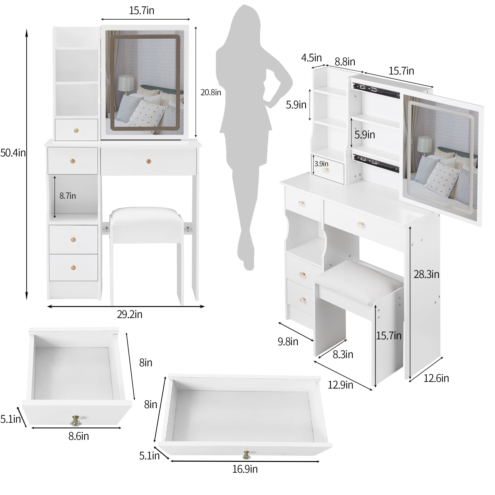 Homy Casa Vanity Desk with LED Lighted Mirror, Makeup Vanity Table with Drawers, Shelves, and Stool