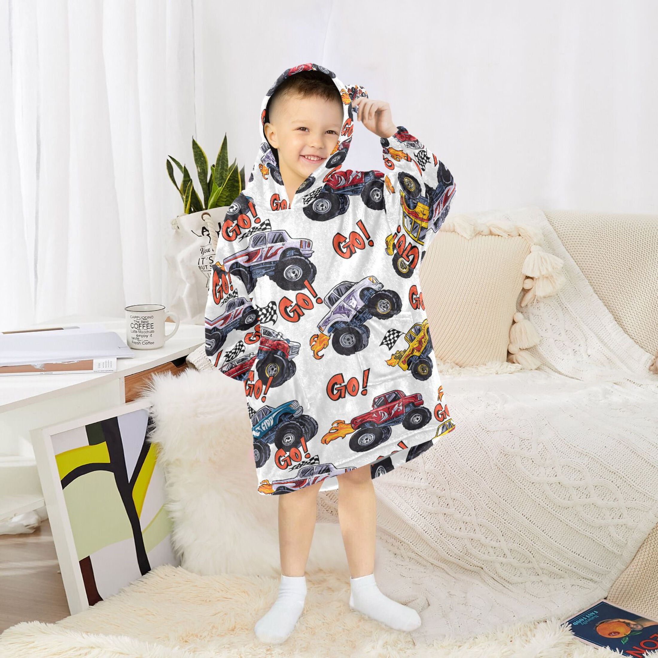 joogoo Wearable Blanket Hoodie Monster Trucks for Flannel Sherpa Pocket 3-14 YR S