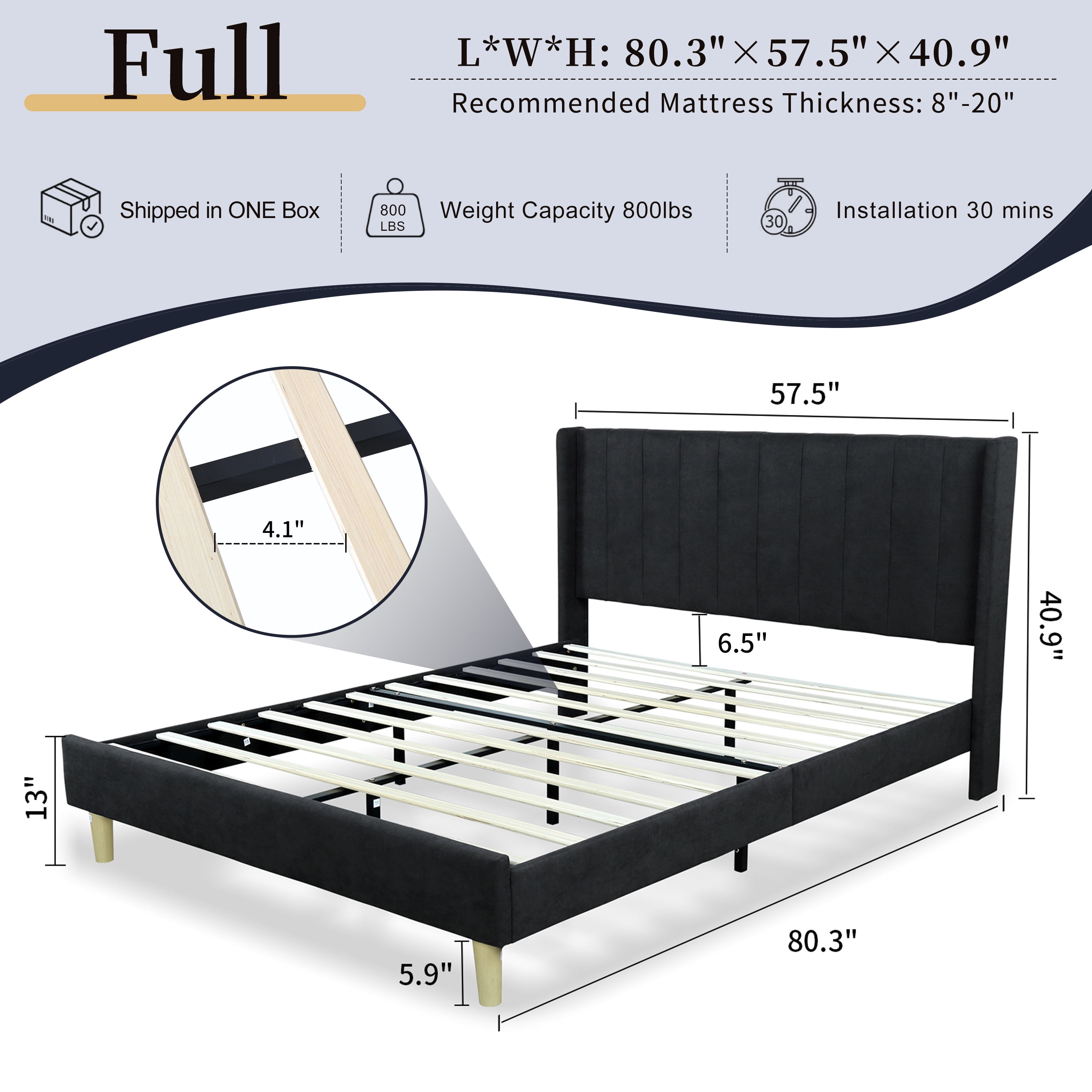 Full Size Upholstered Bed Frame,40.9" High Headboard,Strong Metal Frame,Wooden Slats Support,No Box Spring Needed,Easy Assembly,Linen Fabric,Black