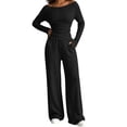 thumbnail image 2 of Women's One Shoulder Pit Knitted Set - Long Sleeve Slimming Top, High Waist Wide Leg Pants, Casual Two Piece Set Black Xxl, 2 of 6