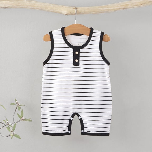 Baby Boys and Girls Sleeveless Romper, Striped Bodysuit with Contrast Trim and Button Placket, One-Piece Infant Outfit | Akmoler,Black 0-3 Months