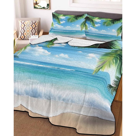 Beach Ocean Waves King Size Down Alternative Comforter, Lightweight Comforter Quilt Bedding Set with Pillow Shams Summer Tropical Palm Tree Leaves All Seasons Bed Comforter Duvet Insert 96"x106"