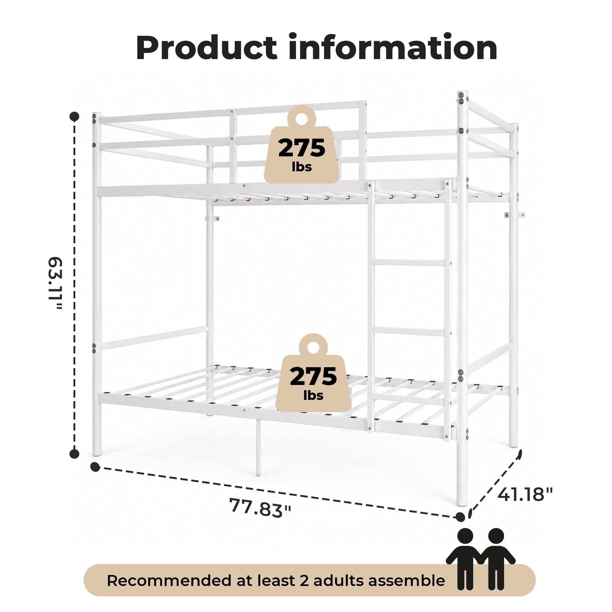 Alvantor Bunk Bed Twin over Twin, Metal Bunk Bed for Kids with Ladder and Anti-tip Bracket White