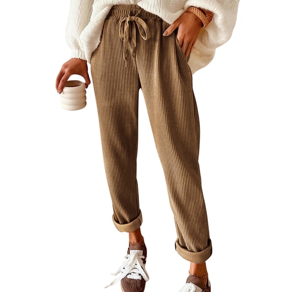OIOLOYJM Corduroy Pants Women Casual Mid Waisted Pants Drawstring Elastic Straight Leg Work Trousers Soft Comfy Sweatpants with Pockets Khaki L