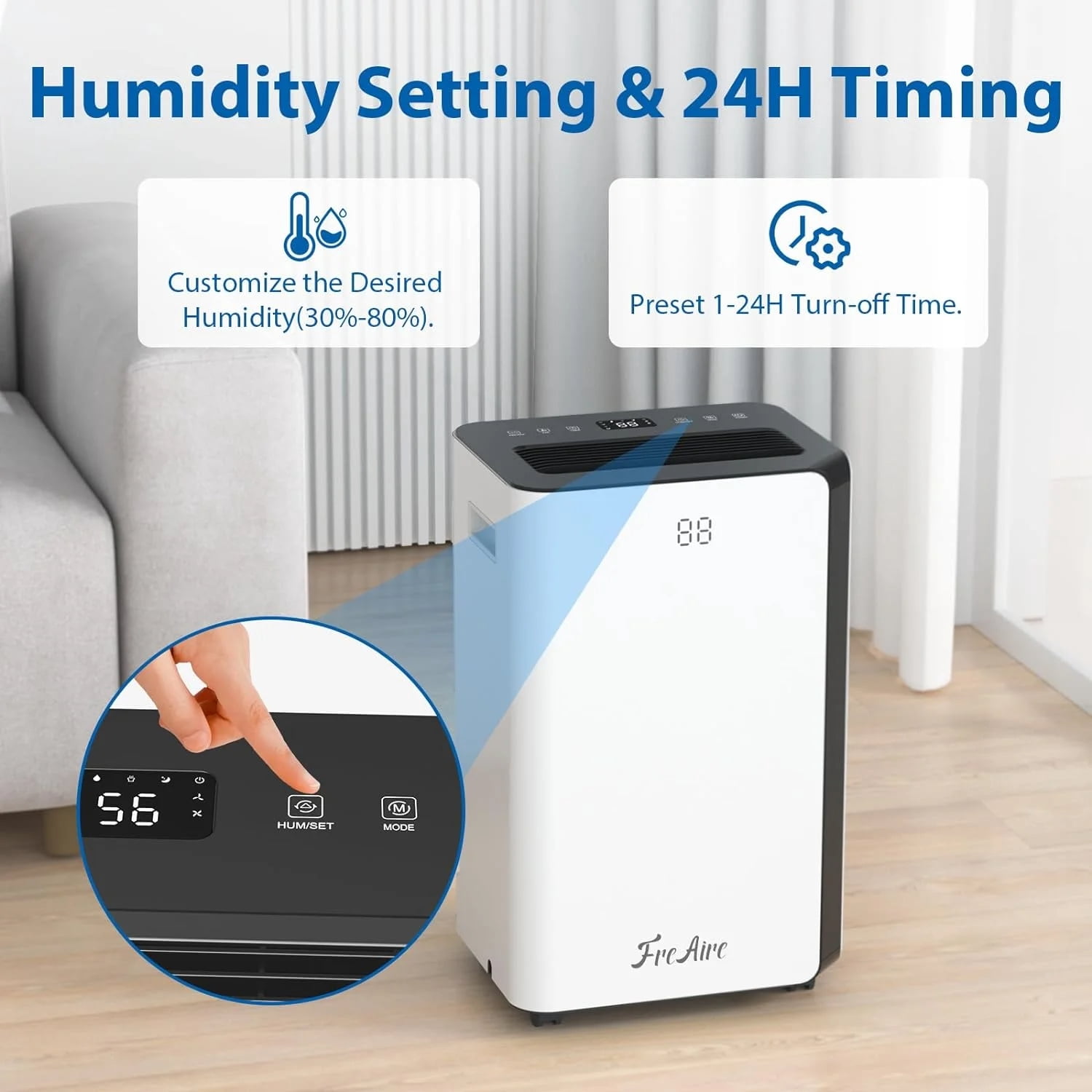 FreAire 50 pt 4500 sq ft Dehumidifier in White - Auto Manual Drain, 3 Operation Modes, 24 Hour Timer