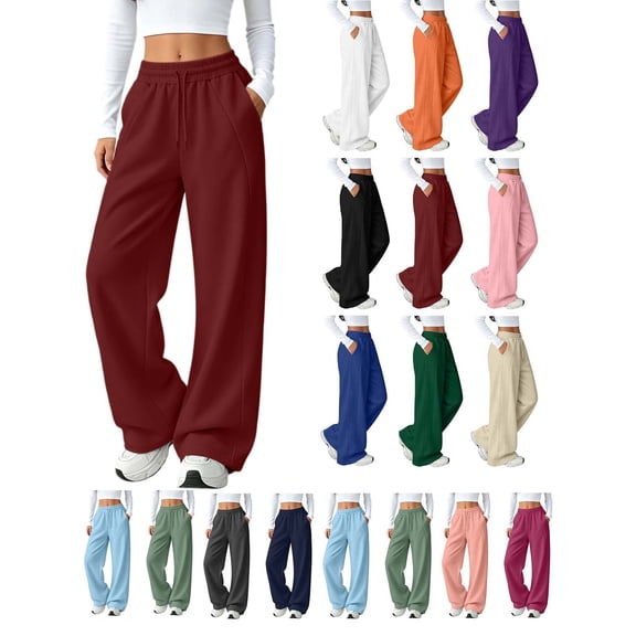 Hzzrkos Women Casual Athletic High Waist Loose Solid Color Elastic Waist Wide Leg Pants With Pockets for Yoga Workout Loungewear Daily Outfit Wine XXL