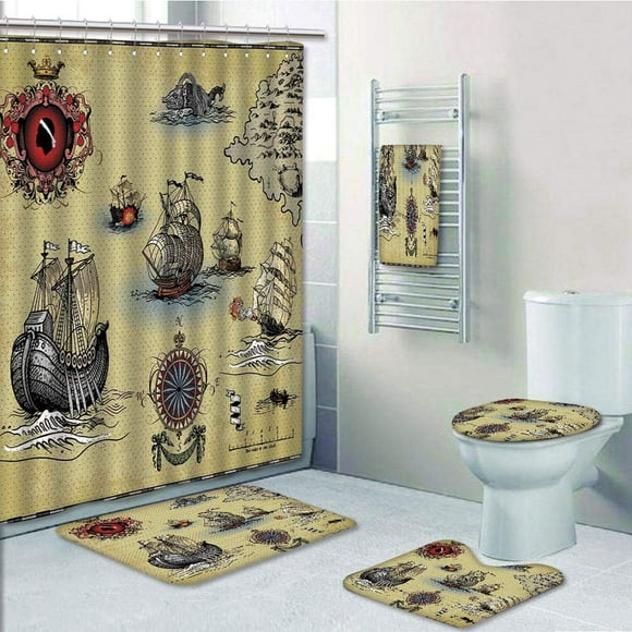EREHome Compass Antique Old Plan Discovery Ship Pirate Wave Compass Navigation Geography 5 Piece Bathroom Set Shower Curtain Bath Towel Bath Rug Contour Mat and Toilet Lid Cover
