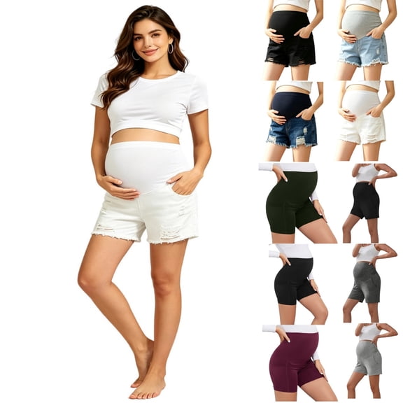 Womens White Summer Ripped Denim Maternity High Waist Shorts M