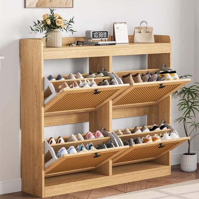 GloryStar Entryway Shoe Cabinet, Freestanding Wooden Shoe Organizer with 4 Deep Flip Drawers, Rattan Door, and 3-Tier Adjustable Shelves, Hidden Shoe Rack for Hallway Storage