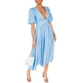 thumbnail image 3 of Liacowi Women Summer Long Dress Deep V Neck Short Puff Sleeve Solid Colour Waist Pleated Ruffle Midi Cocktail Party Dress, 3 of 9