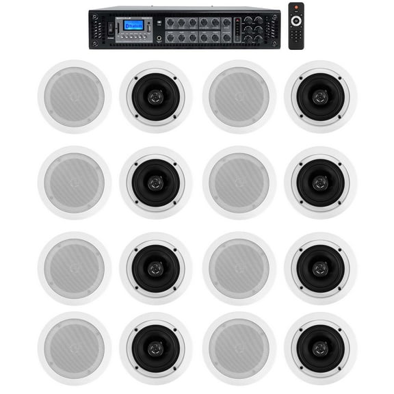 Rockville 6-Zone 70v Amplifier (16) 5.25" White 2Way Restaurant Ceiling Speakers