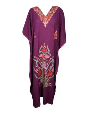 Mogul Wine Floral Long Caftan Traditional Indian Kashmiri Embroidery Maxi Kaftan 3X