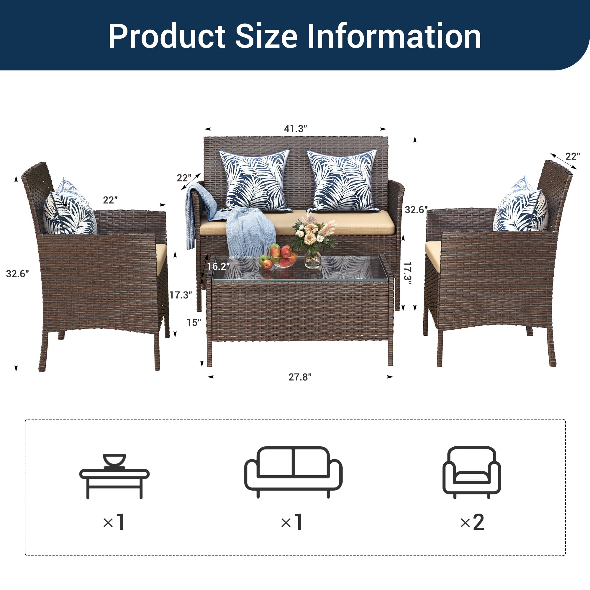 Elposun 4 Steel Sectional Outdoor Conversation Sets with Chair and Loveseat, Brown/Beige