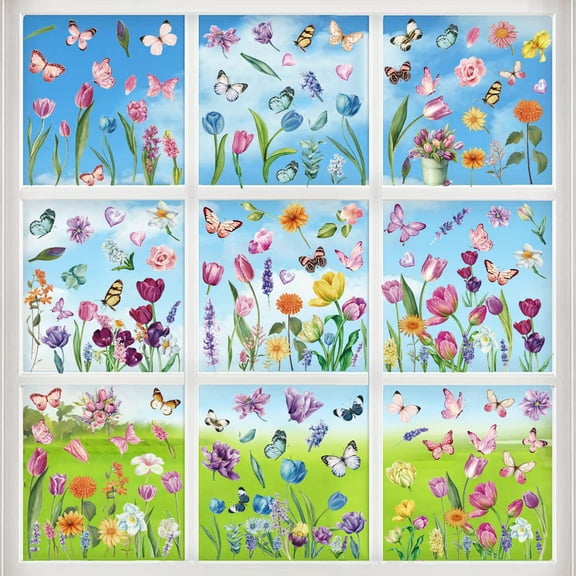 YingYouFu Spring Window Stickers 9-Sheets Flower and Butterflies Design for Glass Window Decoration Easter Seasonal Removable Clings Home Decor