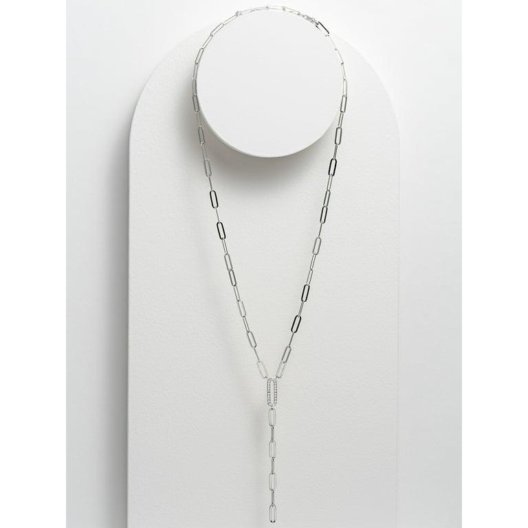 ★SENTIMENTS★ NO.583 [SILVER] CLIP RING NECKLACE Forever Facets CZ Paperclip Lariat Necklace Hand Set in