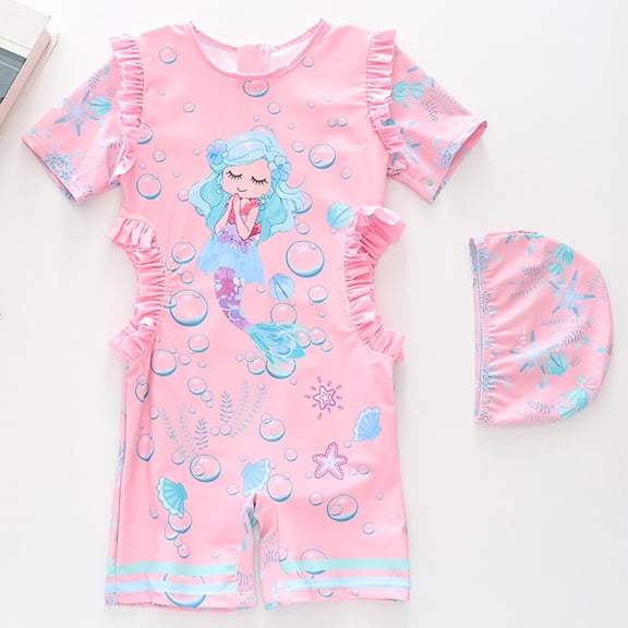 HUAXUN Girls Swimsuit Set with Matching Swim Cap,Short Sleeve One Piece UPF Bathing Suit and Swim Hat,Ruffle Trim Sun Protective Swimwear for Beach Pool Summer(Pink,8-9 Years)