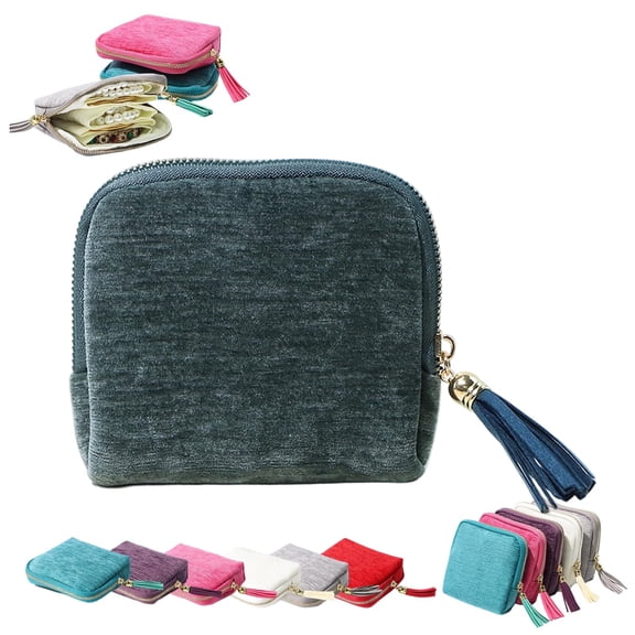 Mini Travel Jewelry Case - Portable Five Compartments Jewelry Bag Zipper with Tassel, Velvet Organizer Pouch for Rings Necklaces Bracelets Earrings 13.5*12CM Dark Green