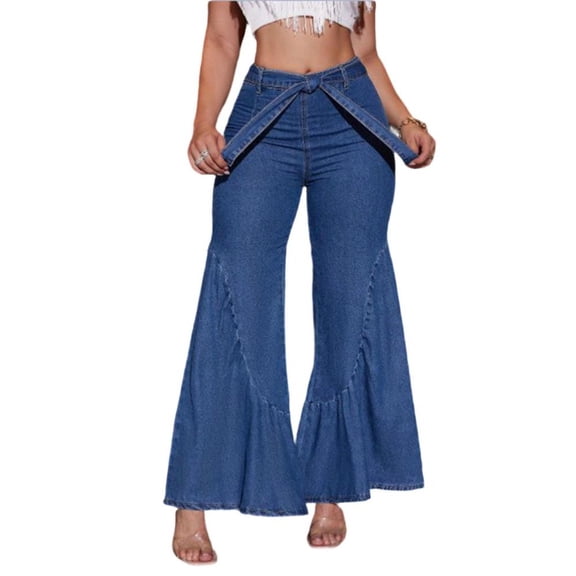 adaychics Womens Bell Bottom Jeans Ruffle Mid Waist Denim Pants Casual Wide Leg Jeans with Belt for Everyday Wear