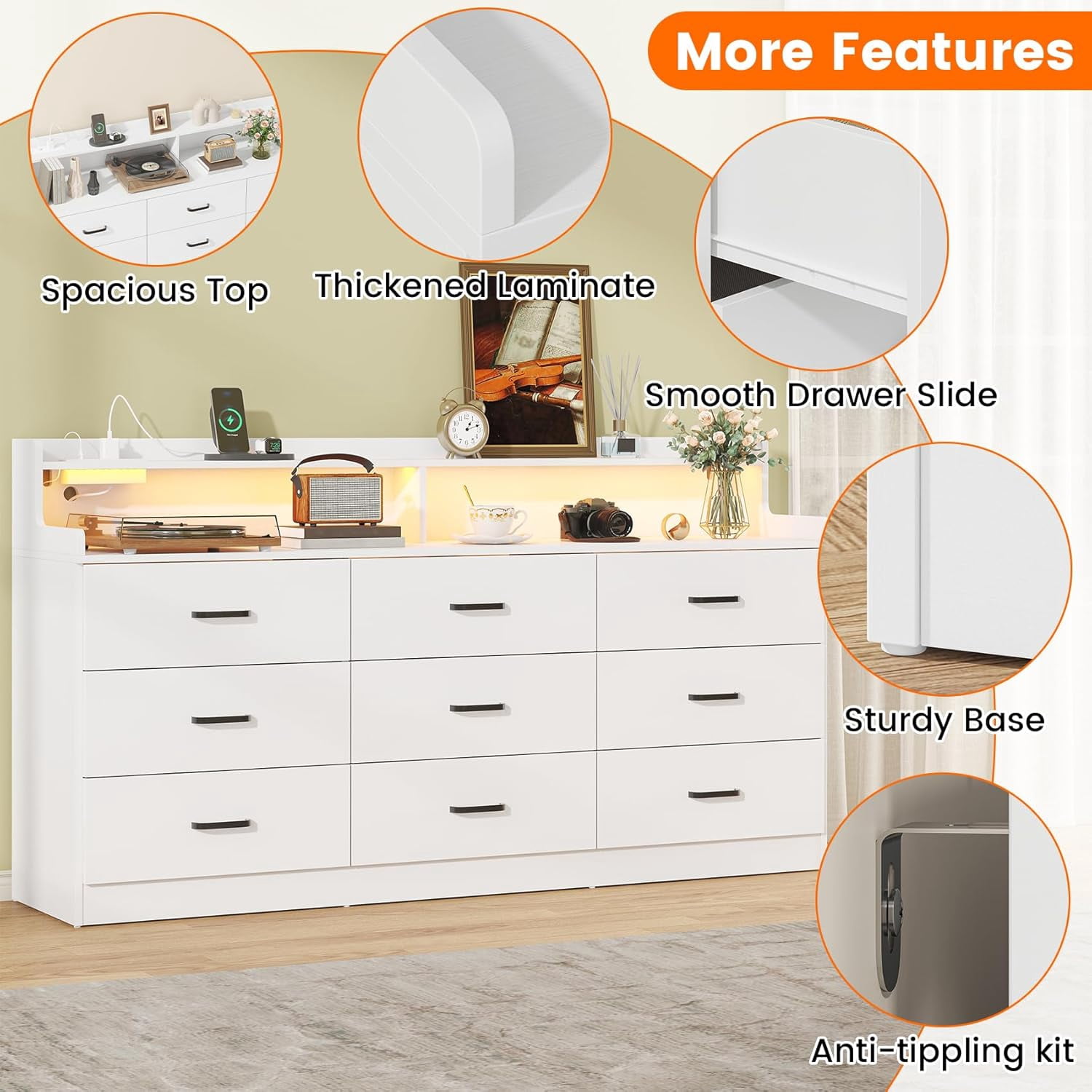 VVFLU Modern Dresser for Bedroom with LED Light, 9 Drawer White Dresser with Charging, Wooden Chest of Drawers, Large TV Stand for Bedroom