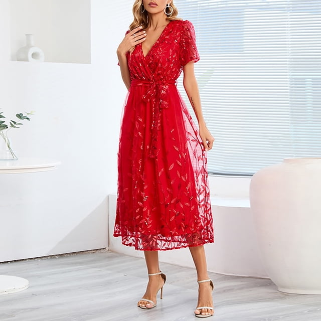 WILLBEST Vestido Lino Elegante Y Elegante Para Mujer, Con Escote En V, Largo Medio, De Malla Bordada, De Seda Brillante