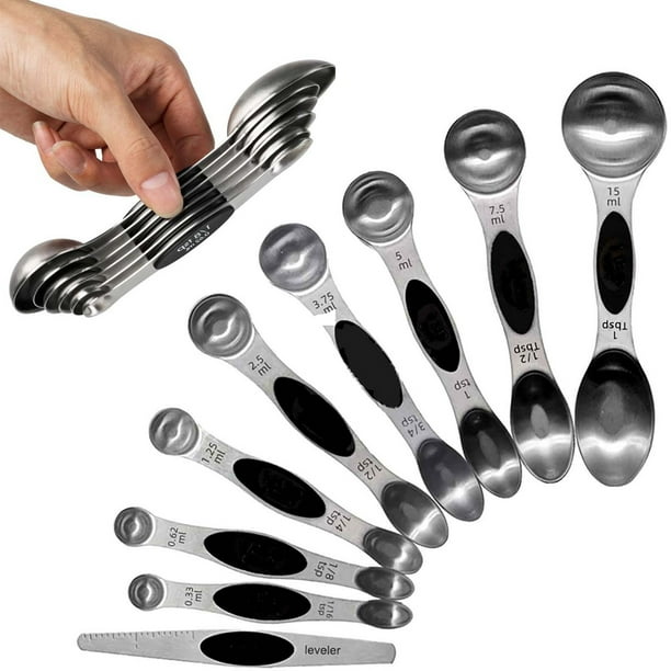 Juego de 9 cucharas medidoras magnéticas de acero inoxidable para cocinar, con medidas para regalar, para medir ingredientes secos y líquidos.