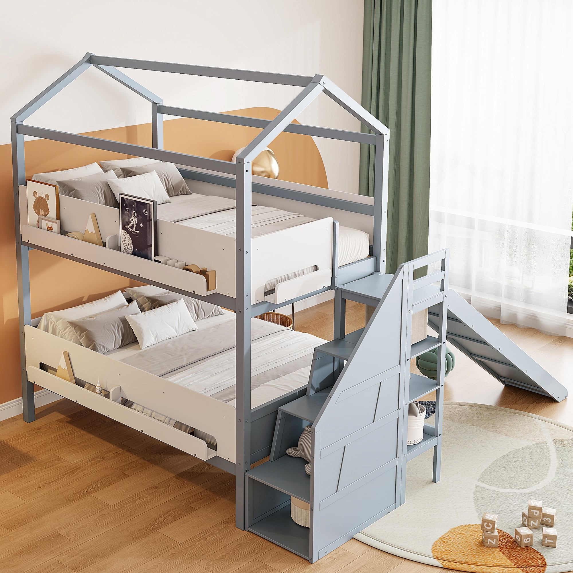Mintazer Kids Twin Over Full Bunk Bed House-Shaped Bed Frame with Slide & Storage Staircase for Children Bedroom, Gray