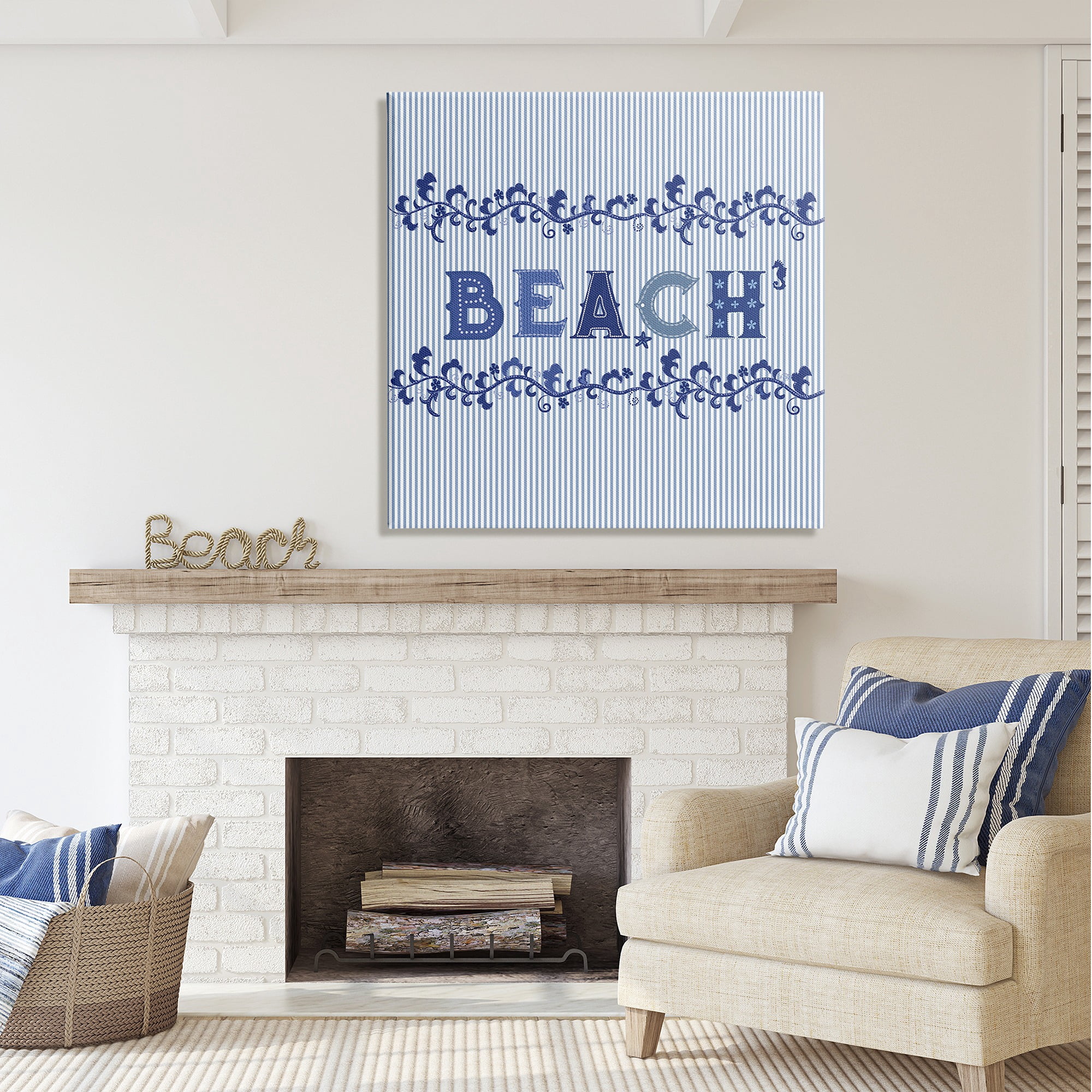 Stupell Industries Striped Beach Letters Botanical & Floral Painting Gallery Wrapped Canvas Art Print Wall Art, 36 x 36
