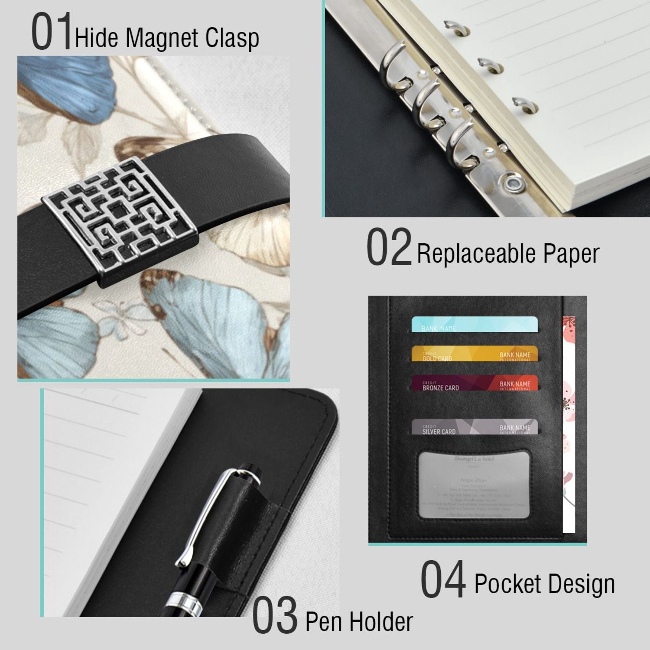 Leather Planner Leather Notebook Notebook Journal Binder Design Pen Pocket Design Convenient for Storage Cream Brown Butterfly Art